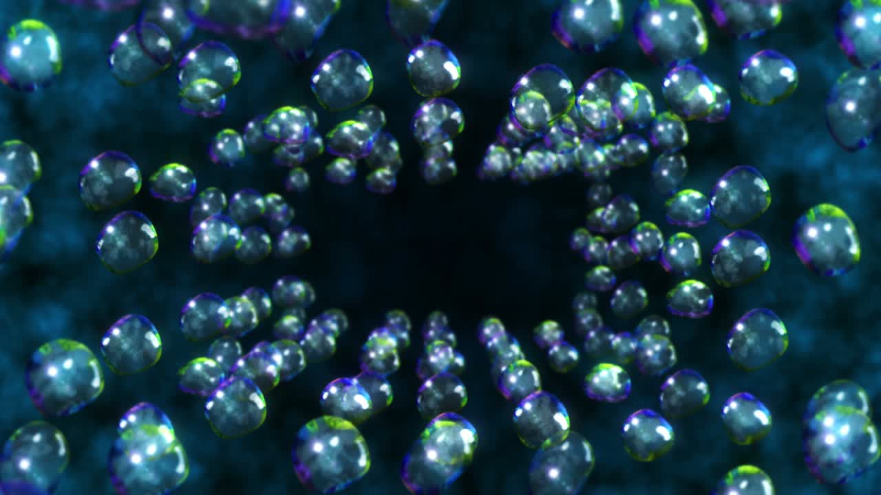 volando muchas gotas de agua en fondo negro. gotas puras. superficie transparente. animación 3d de burbujas de aire girando. animación de bucle.