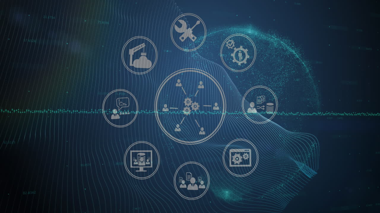 animación del icono en círculos sobre el gráfico y el patrón de onda contra el globo en el fondo
