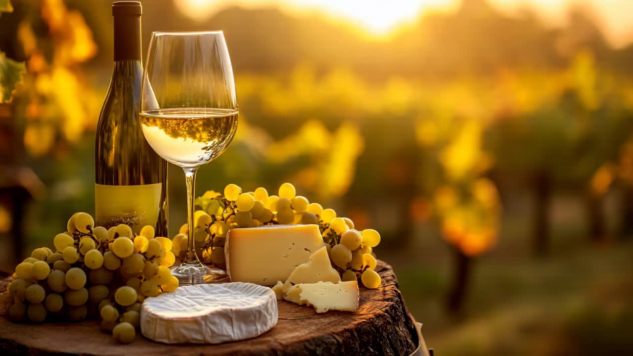Wine and Cheese Tasting in a Vineyard at Sunset