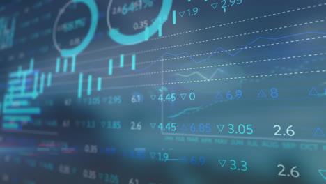 animazione del mercato azionario, diagrammi e elaborazione dei dati su sfondo blu
