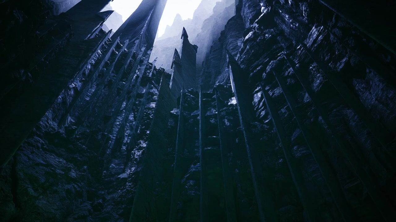 崩れかけた建造物の中で、雨に濡れた小道が輝くネオンを映し出す