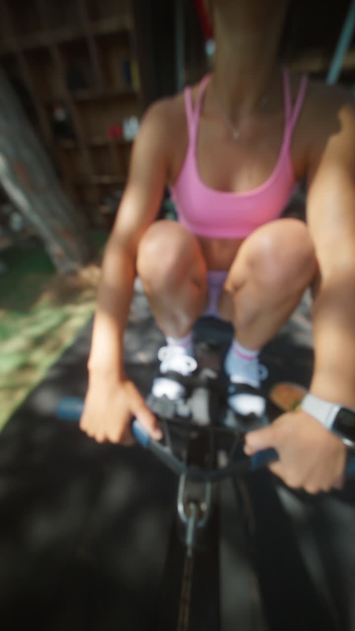 Woman working out on a rowing machine, first-person perspective