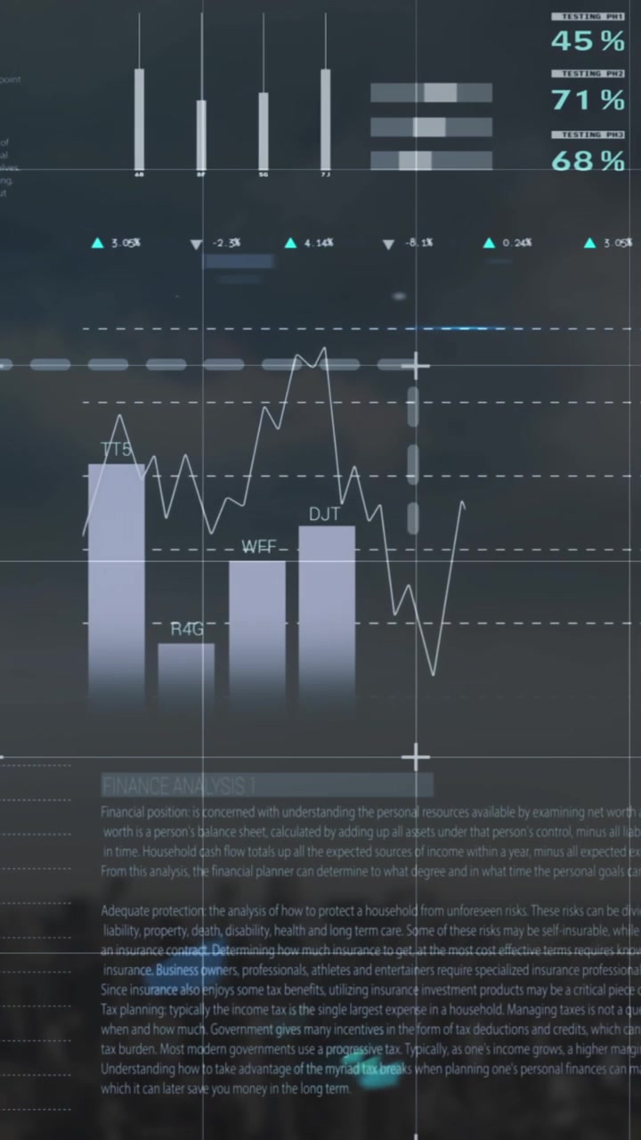 Animazione di elaborazione dati statistici su una vista aerea del paesaggio urbano