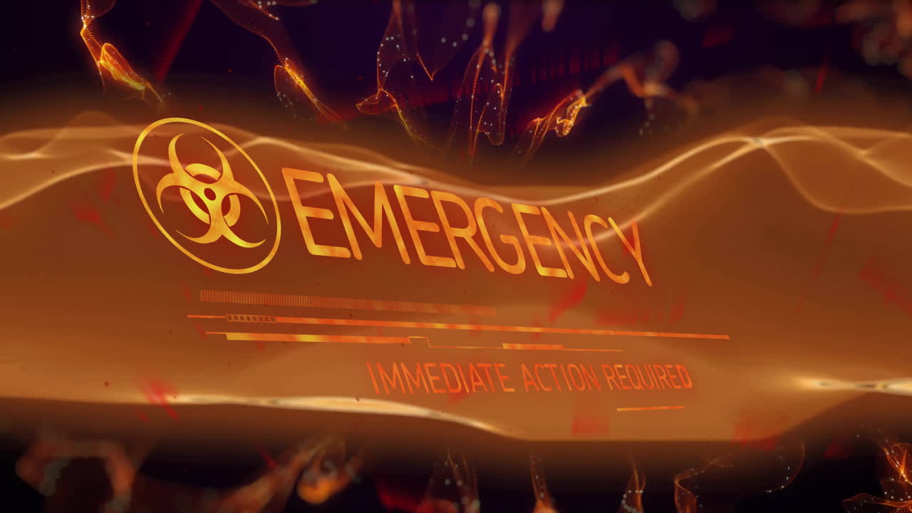 생물학적 위험 신호, 긴급, 즉각적인 행동이 필요한 텍스트, 동적 파동 패턴의 애니메이션