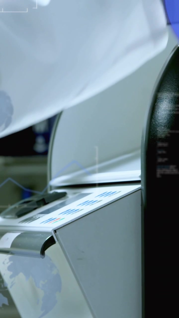 Animation of globes, computer language, caucasian scientist removing liquid beakers from equipment