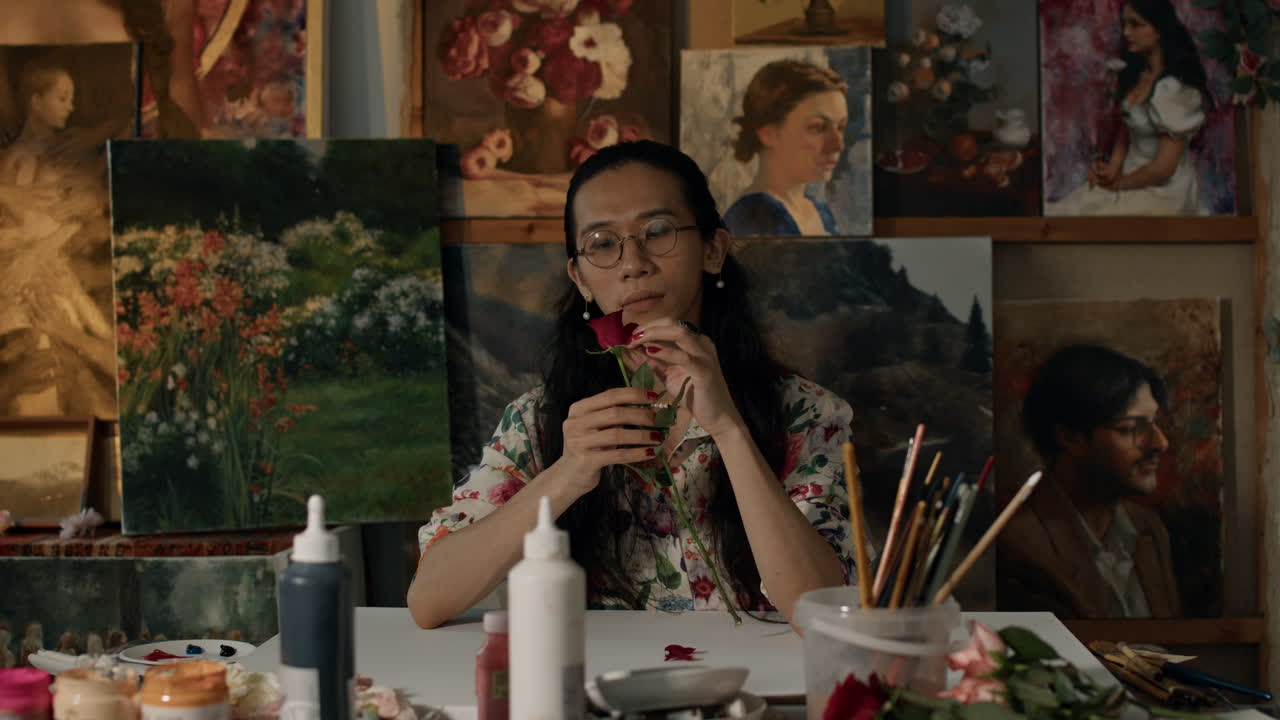 Artist paints peacefully in studio surrounded by art. Creative ambiance