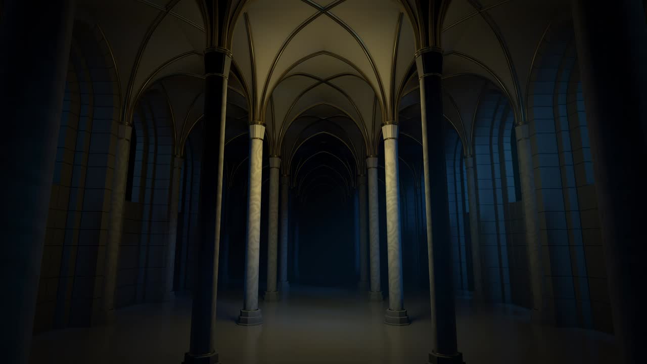 el aterrador corredor de la catedral por la noche.