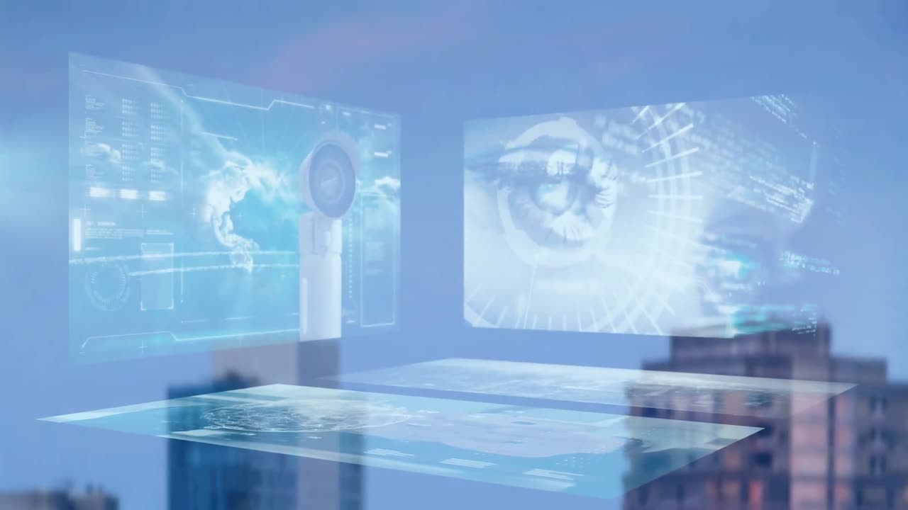 다양한 데이터 및 보안 카메라의 애니메이션 도시 금융 지구 이상