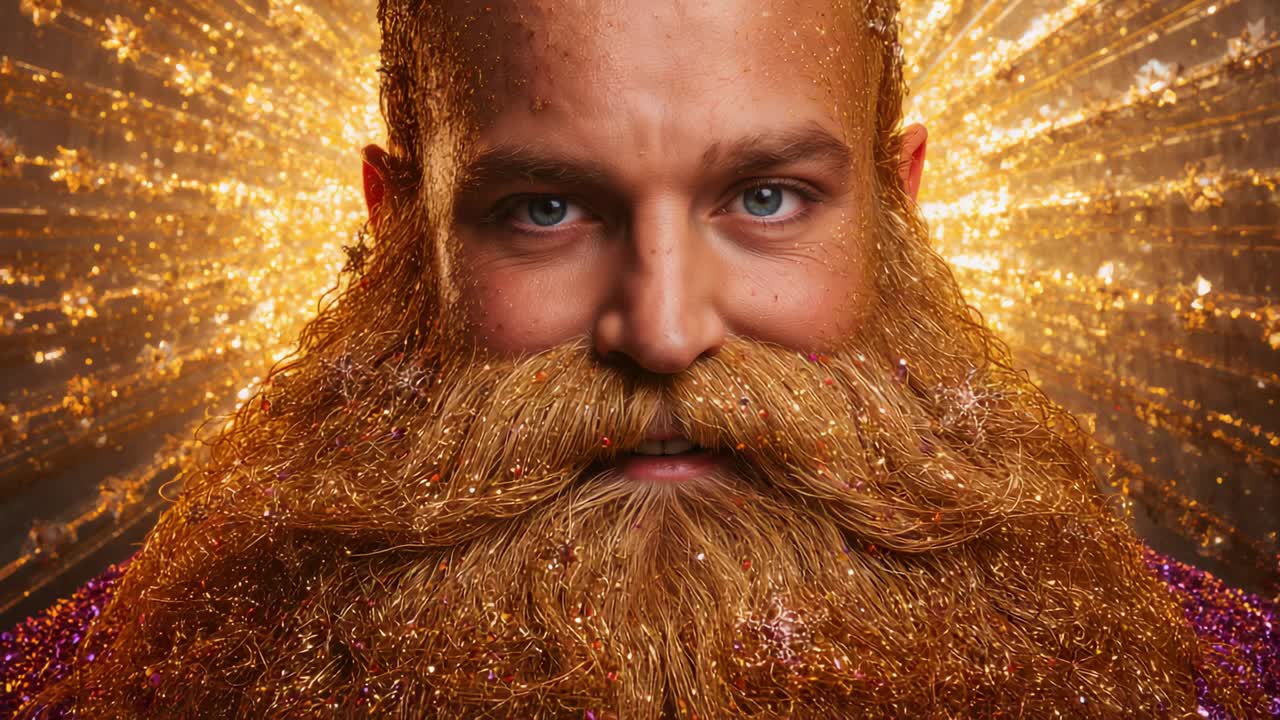 Modelo masculino posando com luzes pulsantes piscando, glitter na barba, halo e blusa roxa
