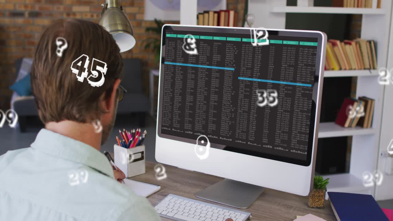 Data analyst typing on keyboard and noting as numbers starting to float around screen showing data