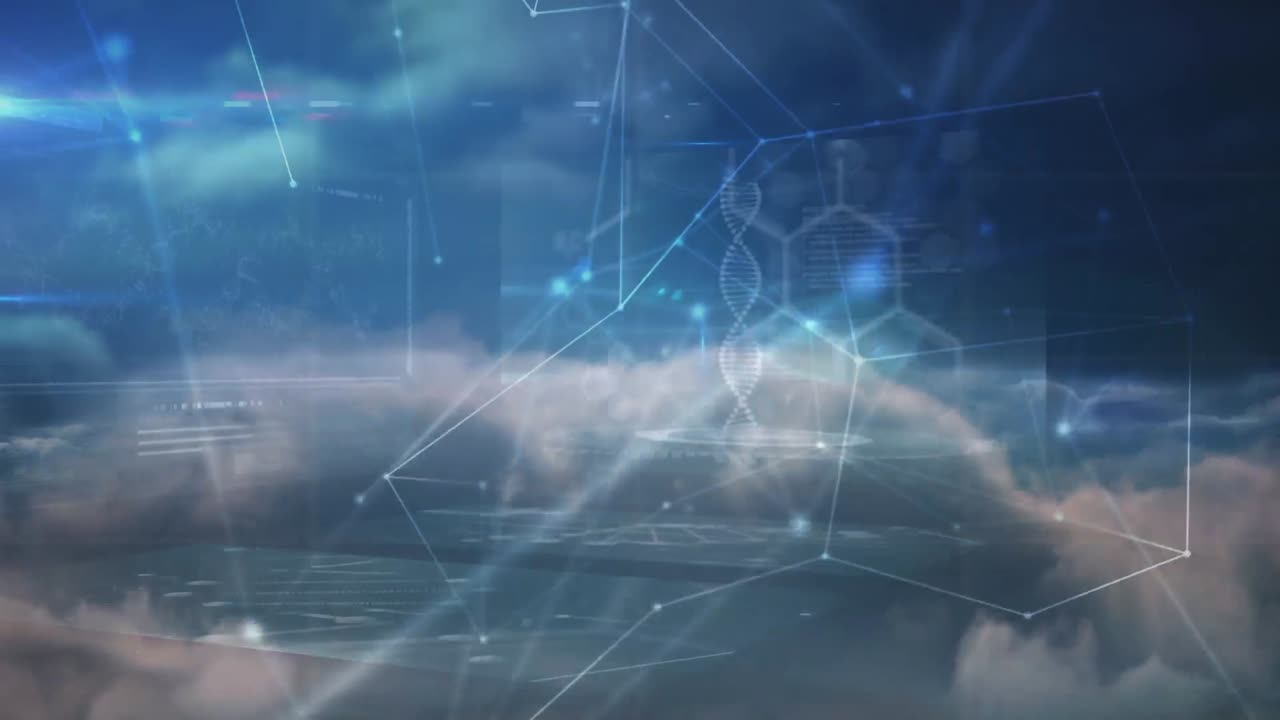 Animation of network of connections over clouds and data processing