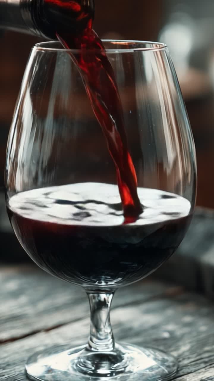 Un versamento magistrale: sequenza accattivante di un ricco vino rosso che riempie un elegante bicchiere con bollicine vivaci e tonalità intense, creando un'atmosfera invitante