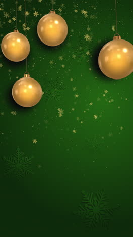 green christmas animation greeting card design with gold christmas balls and snowflake. vertical video.
