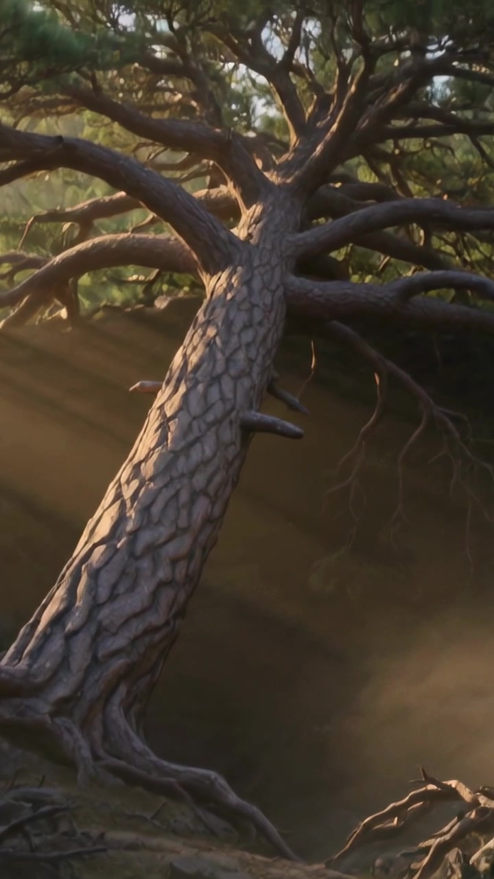 Vertical video: Tilting camera showing pine leaning on sloped bluff to reveal roots and crown