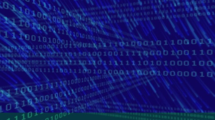 Animation of looping binary codes and falling beams over blue background
