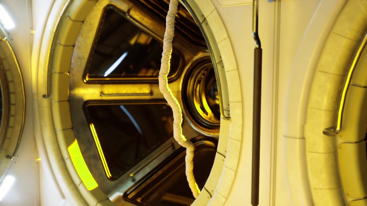 Circular hatch in space station with warm lighting and reflective surfaces