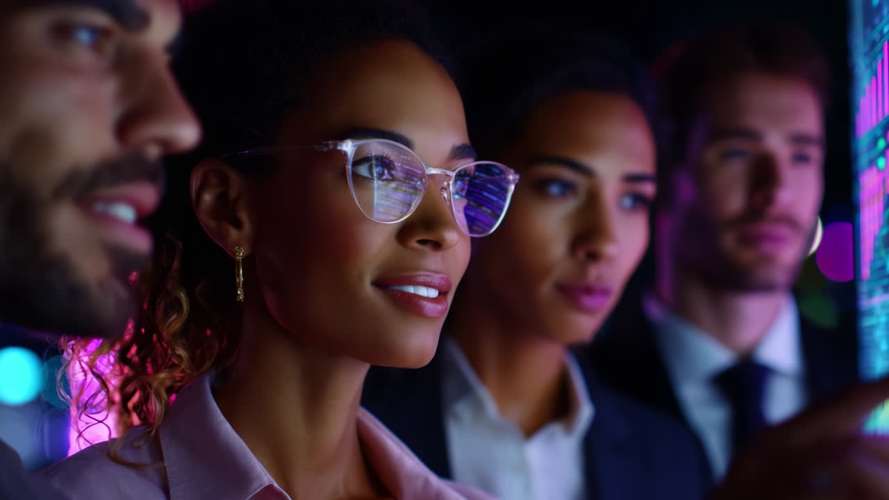 Un groupe de personnes à l’allure professionnelle participe à une discussion, axée sur une femme portant des lunettes qui respire l’assurance, mettant en valeur son expertise et son enthousiasme dans un cadre moderne et dynamique.