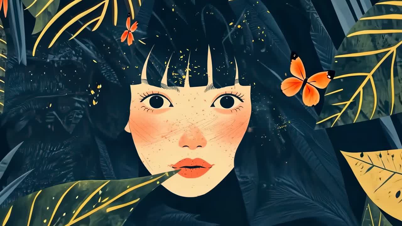 Illustrative video style featuring a woman's face surrounded by lush leaves and butterflies