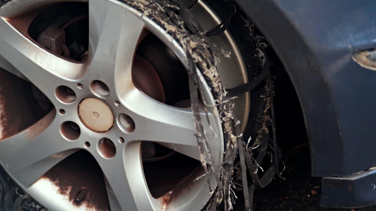Close up of a blown tire of an old, blue car