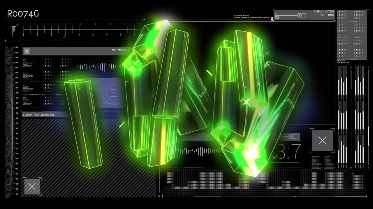 검은 바탕에 데이터 처리 위에 회전하는 초록색 크리스탈의 애니메이션