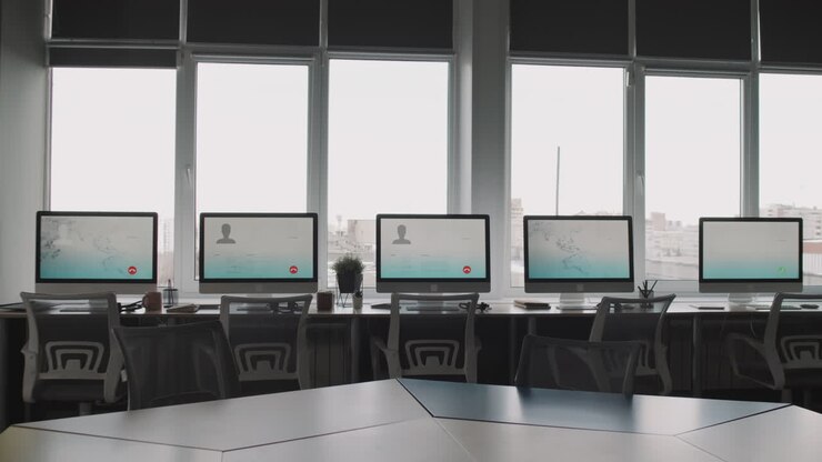 Moderne kantoorruimte met computers en vensters