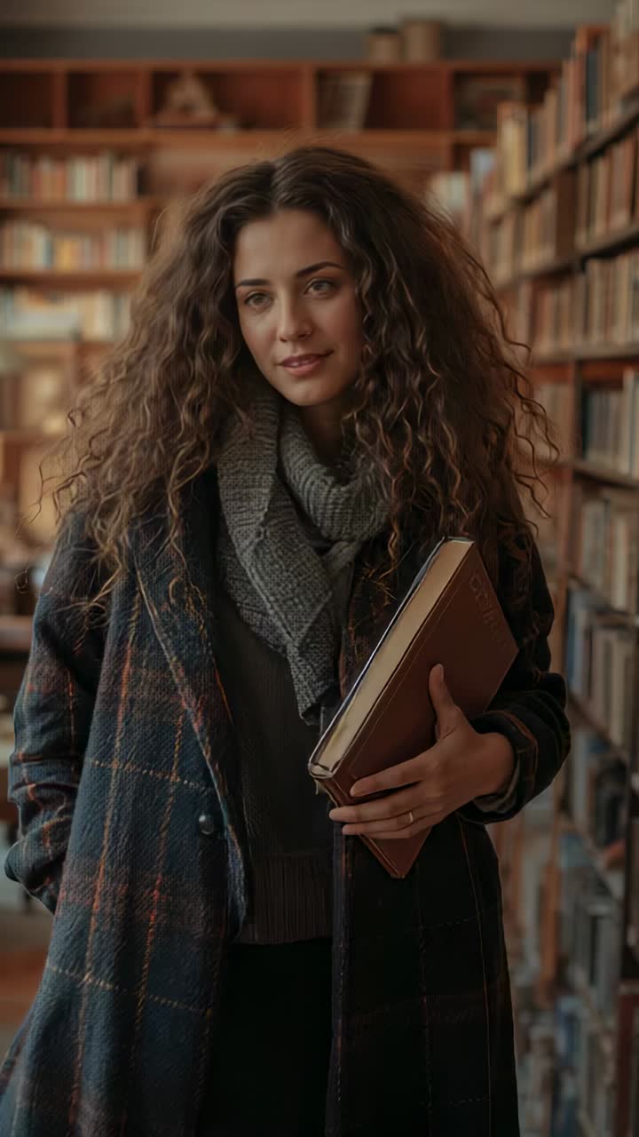 Video verticale: donna in cappotto a quadri che tiene in mano un libro con copertina rigida e cammina lungo la corsia di una biblioteca, esaminando i dorsi