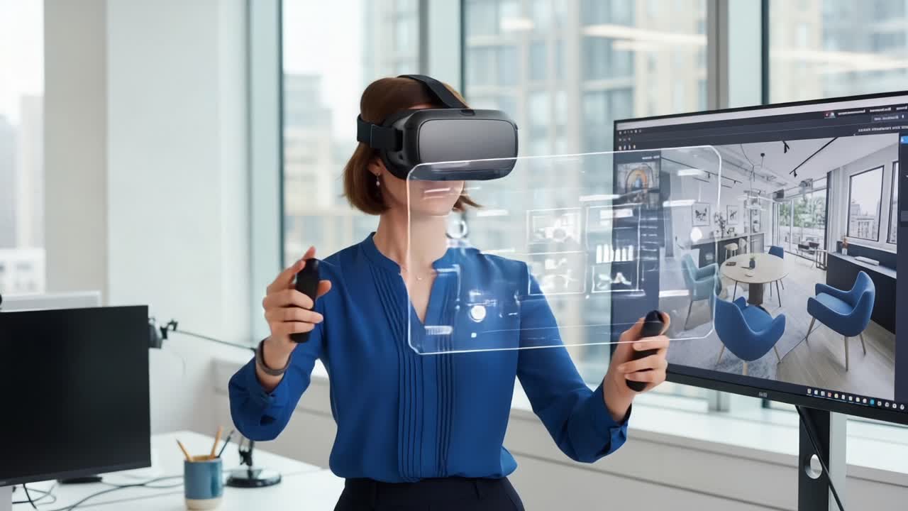 A Professional Using Virtual Reality Headset for Interactive Experience in Modern Office Environment, Engaging with Digital Interface and Virtual Technology