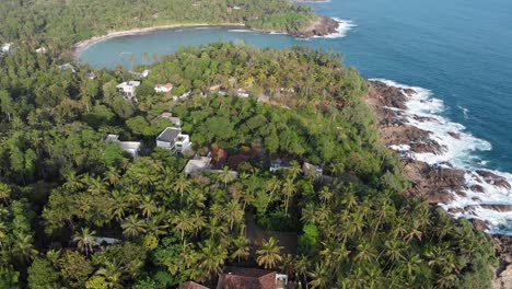 aerial drone view along lush coast of hiriketiya beach, dikwella, sri lanka