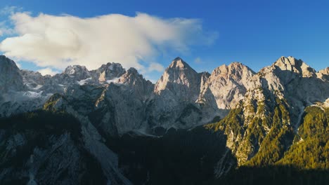 Steep-rocky-peaks-of-Slovenian-Alps,-aerial-drone-view