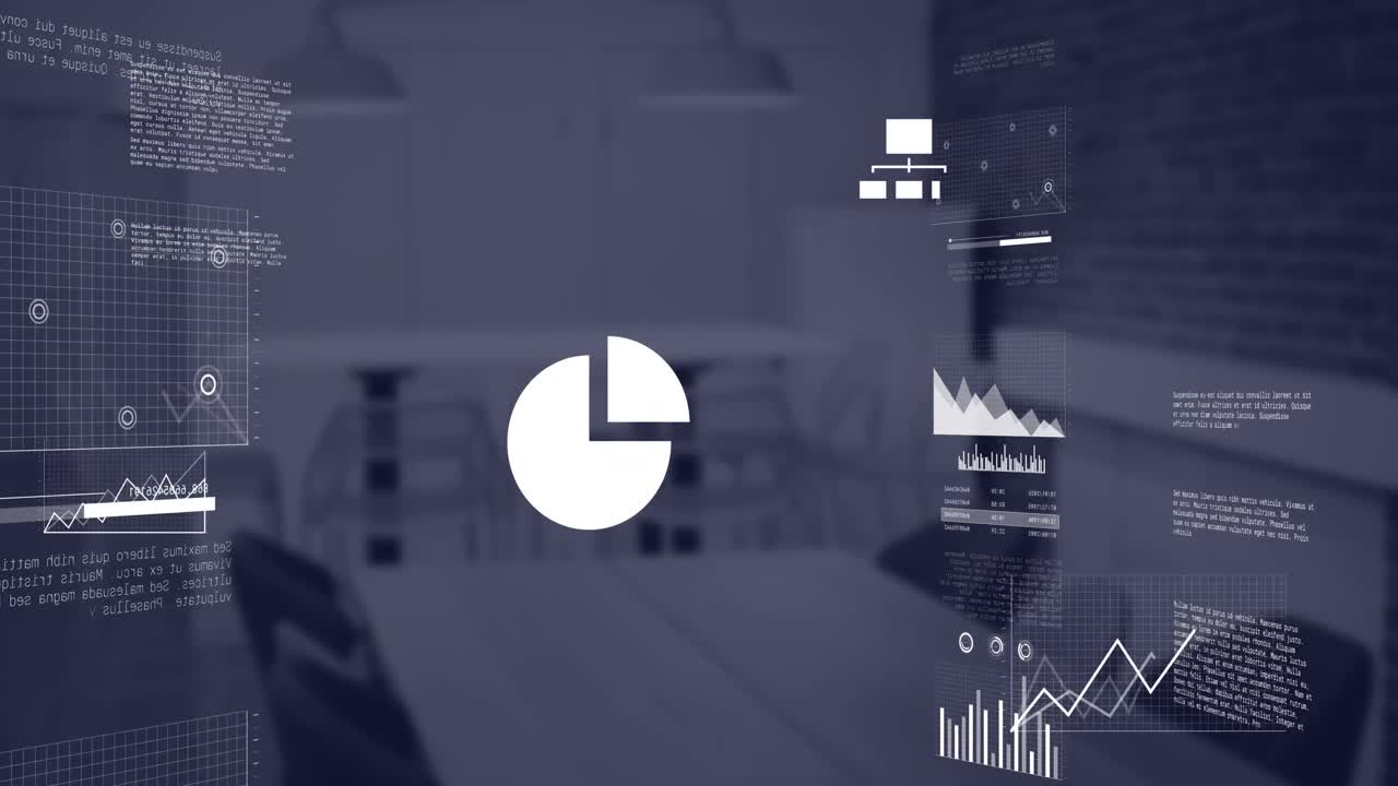 Animation of interface with statistical data processing against empty conference room at office
