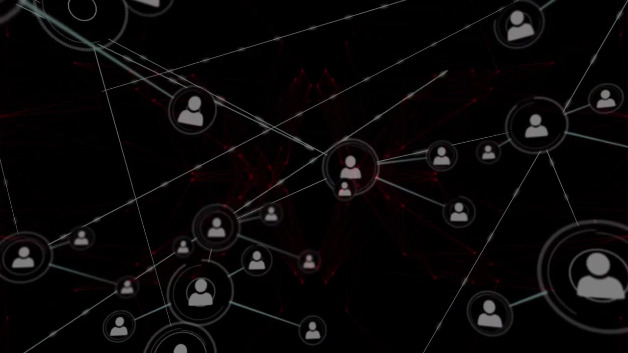 Network visualization showing glowing user nodes linking via lines in space with red data points