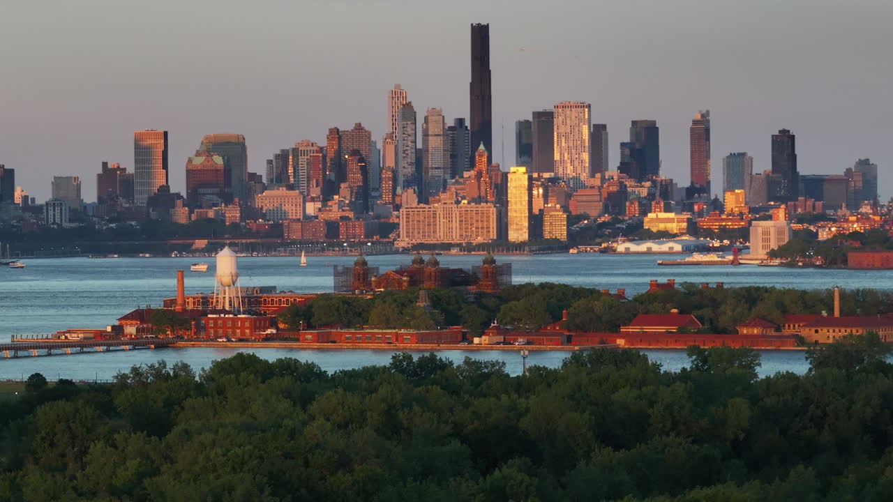 Aerial view of New York City’s Ellis Island at sunset