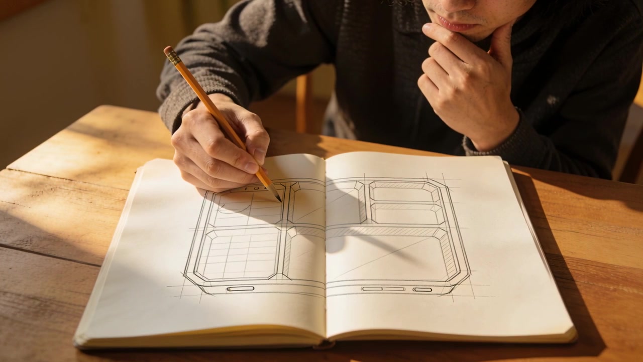 Sketching man in dark sweater developing four-panel layout at wooden table, sunlight guiding pencil