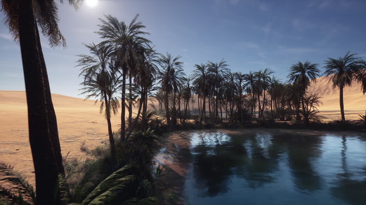 Calm desert oasis featuring shimmering palms and reflective pool
