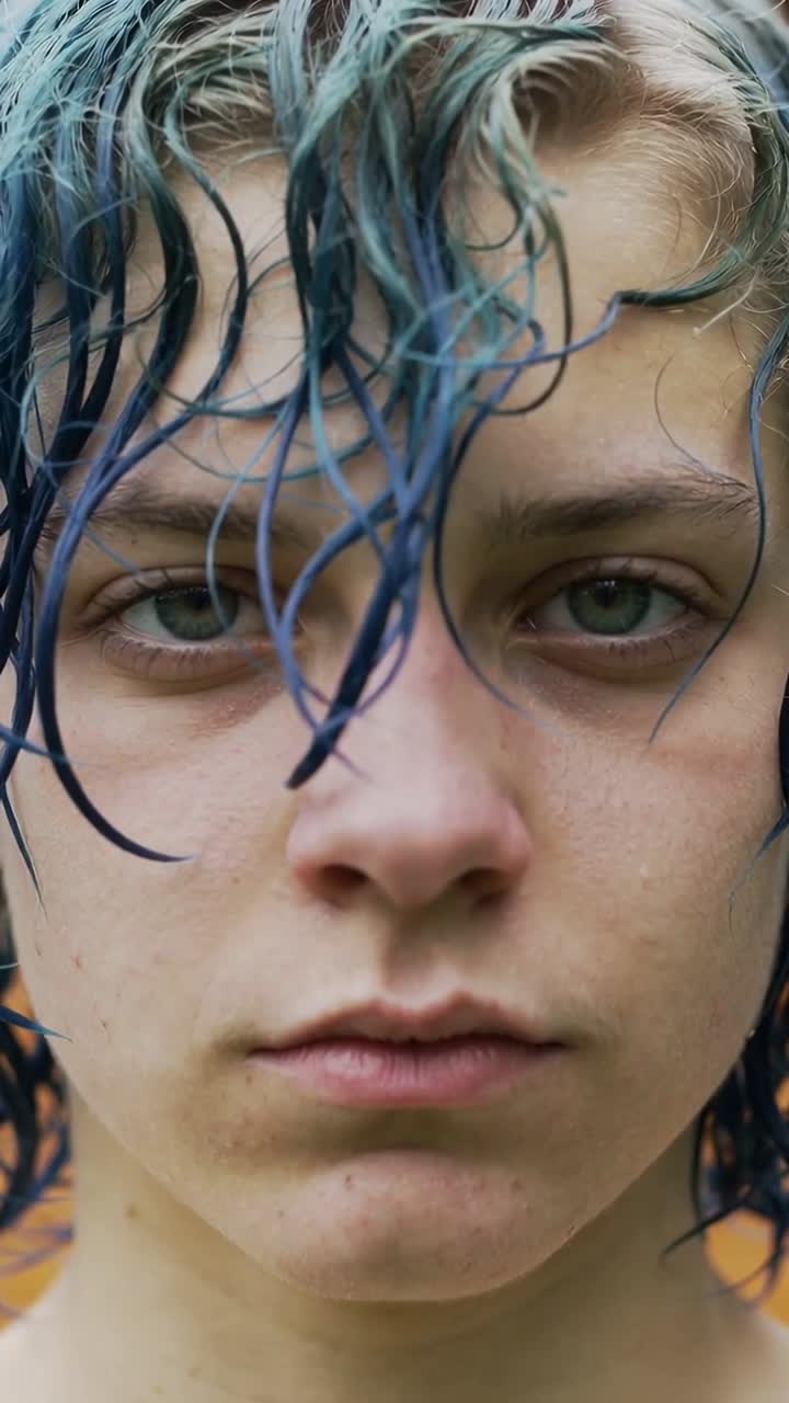 Vertical video: Camera starting recording, man holding gaze at studio, blinking with teal wet hair