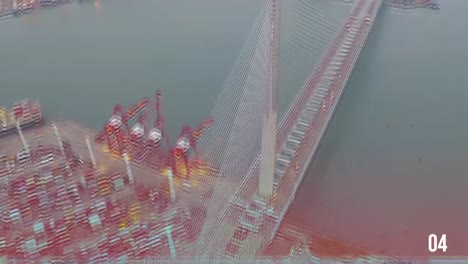 aerial view of a cable-stayed bridge over a port