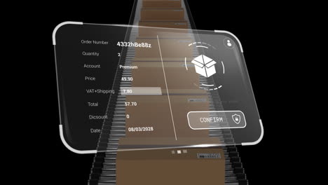 animation of delivery screen with data over boxes on conveyor belt