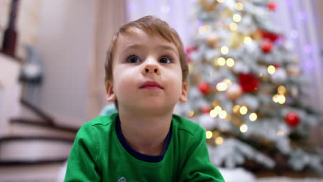 adorable baby boy with brown hair playing in front of camera. close up. cute child at home on christmas.