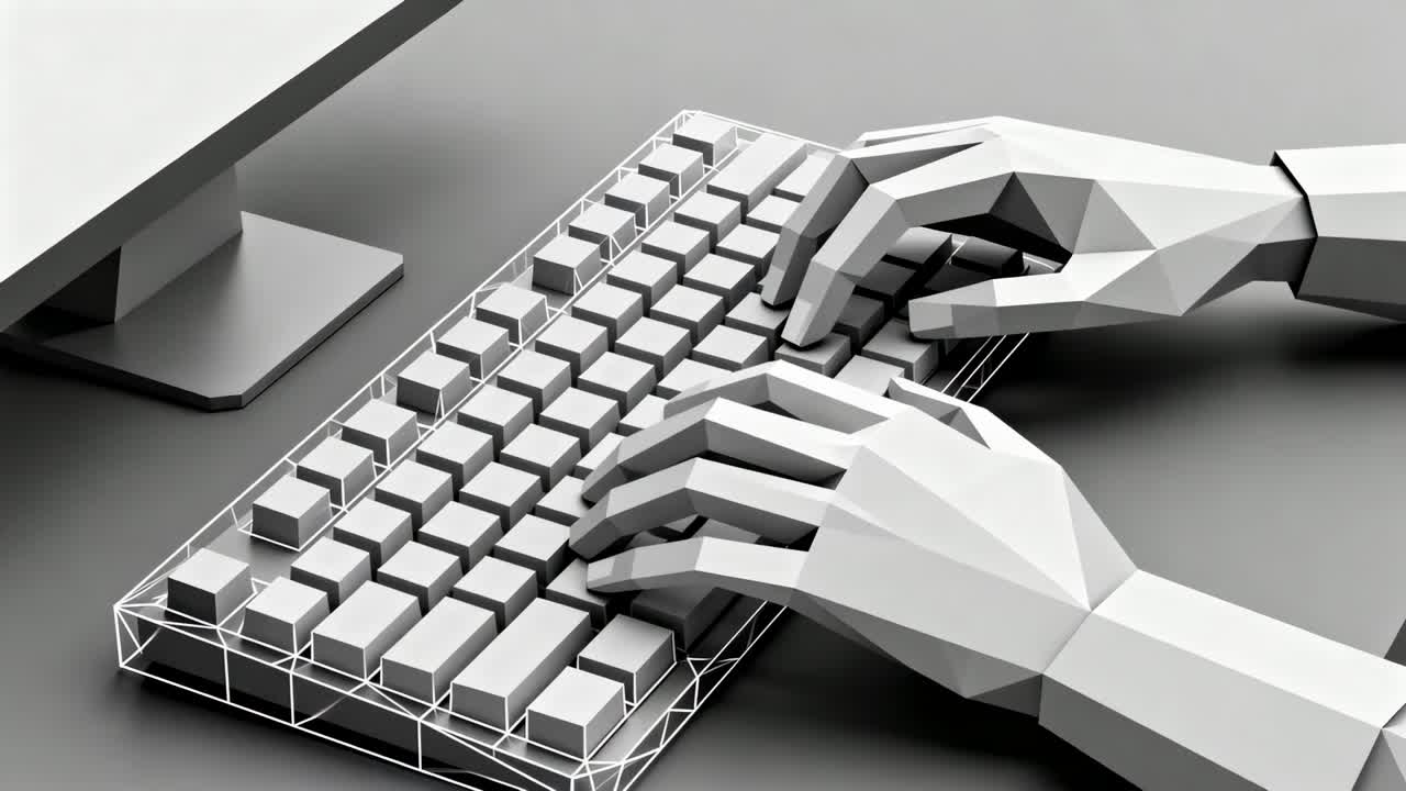 Rendering in 3D di mani geometriche che premono i tasti di una tastiera su una scrivania da studio, con wireframe in sovrapposizione che mostra il movimento