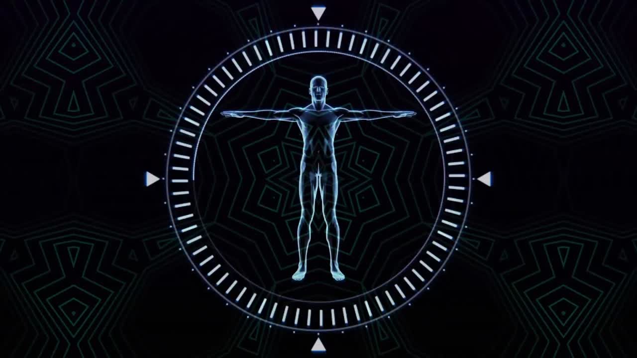 animación del cuerpo humano y el alcance con patrón de neón en fondo negro