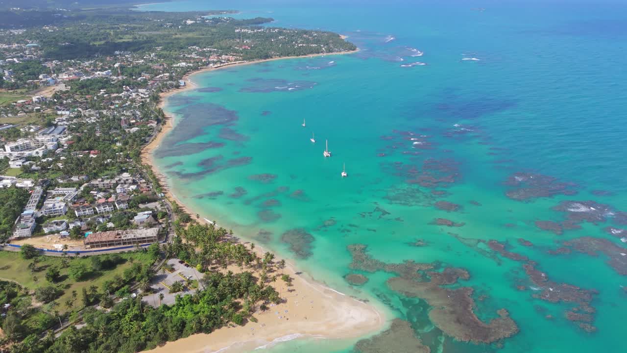 Playa Punta Popy beach, Las Terrenas in Dominican Republic. Aerial drone panoramic view