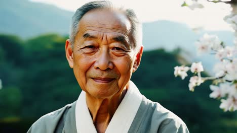 smiling senior man in traditional japanese clothing