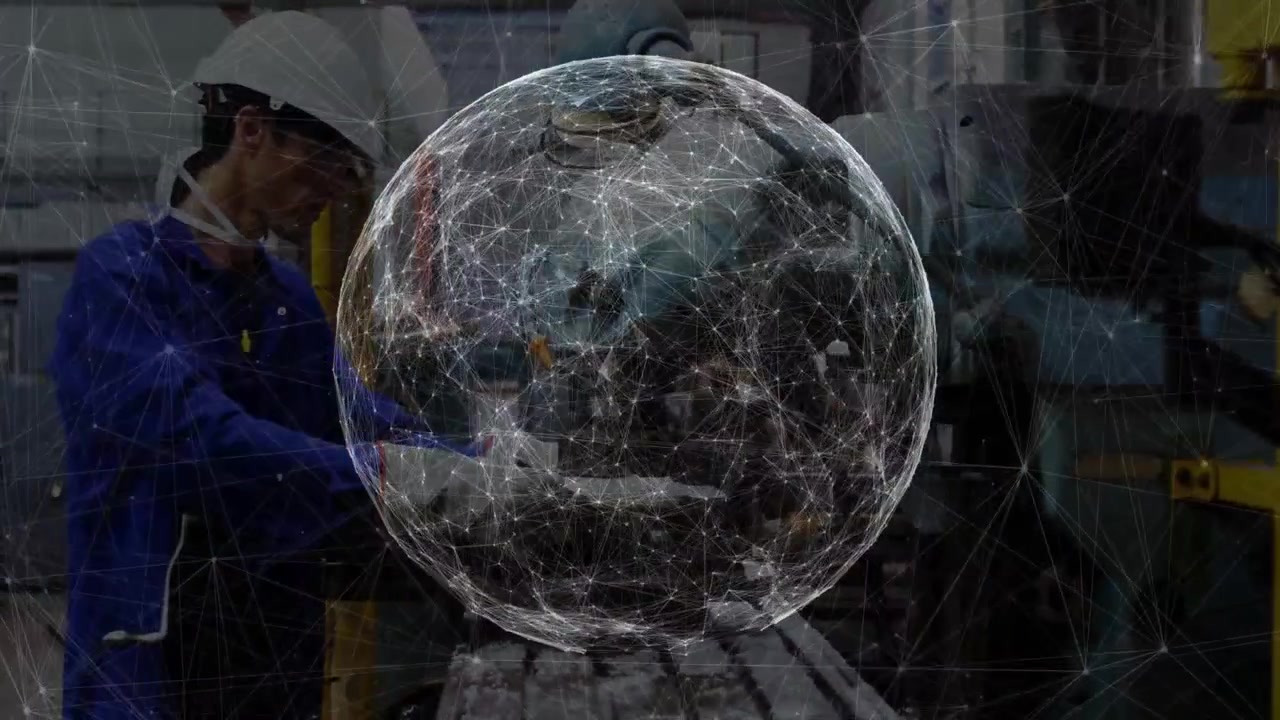 Esfera digital girando e entrando em cena, fazendo com que um trabalhador de fábrica ajuste os componentes da correia para calibração