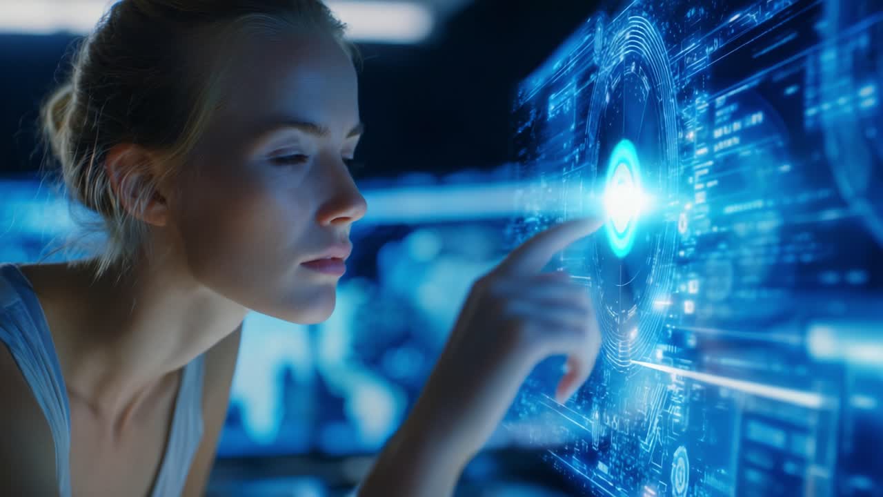 A focused researcher interacts with a futuristic digital interface, exploring data visualizations and advanced technology to derive insights and enhance understanding in a virtual environment