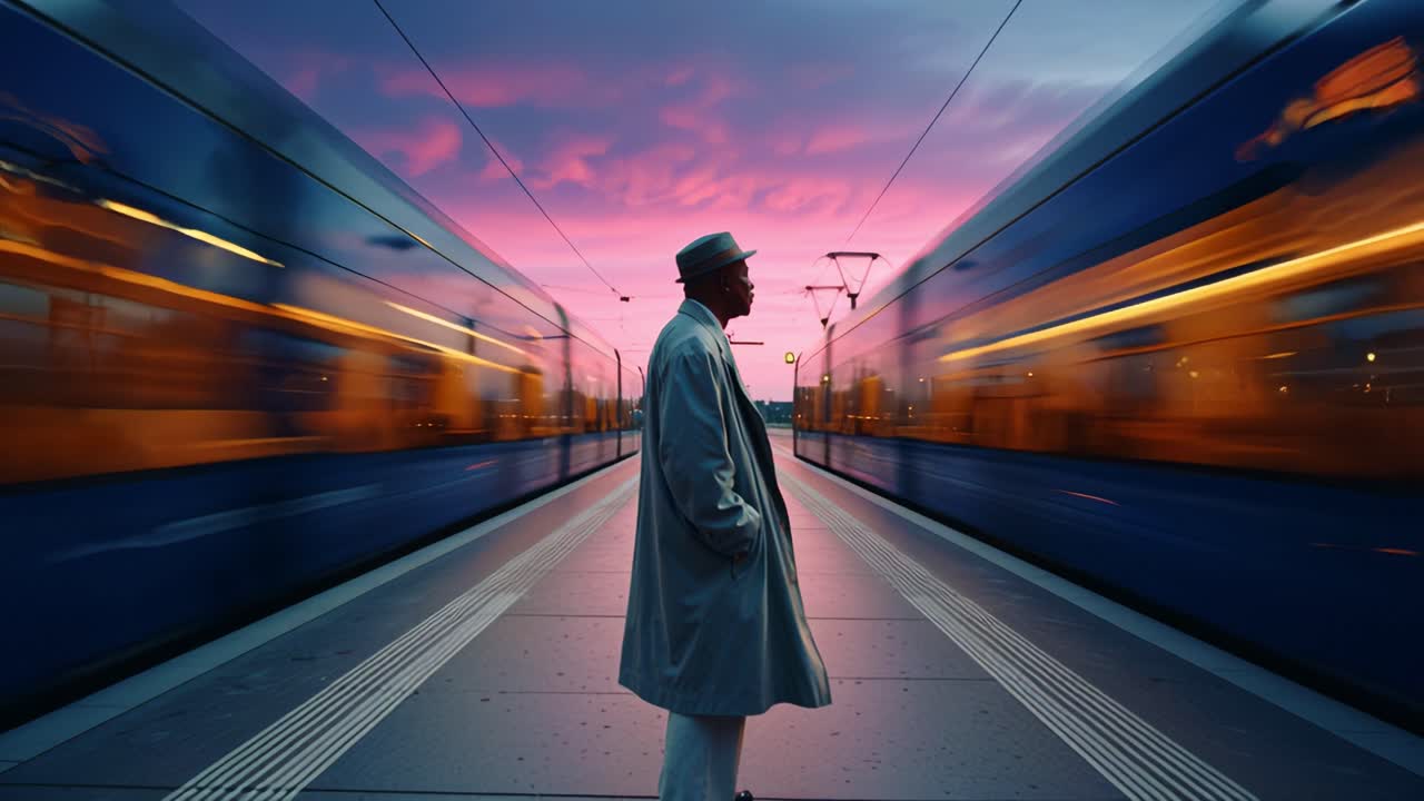 A solitary figure stands at the edge of a bustling train platform, caught between two swiftly passing trains during a stunning twilight, encapsulating a moment of calm amidst motion