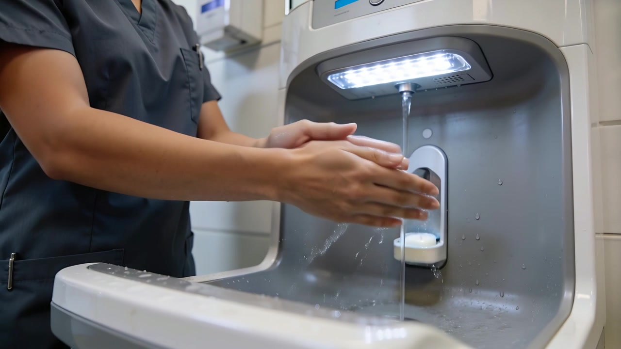 Kliniker i operationskläder gnuggar och tvättar händerna vid handfatet med skumtvål, kranen aktiveras automatiskt för hygien.