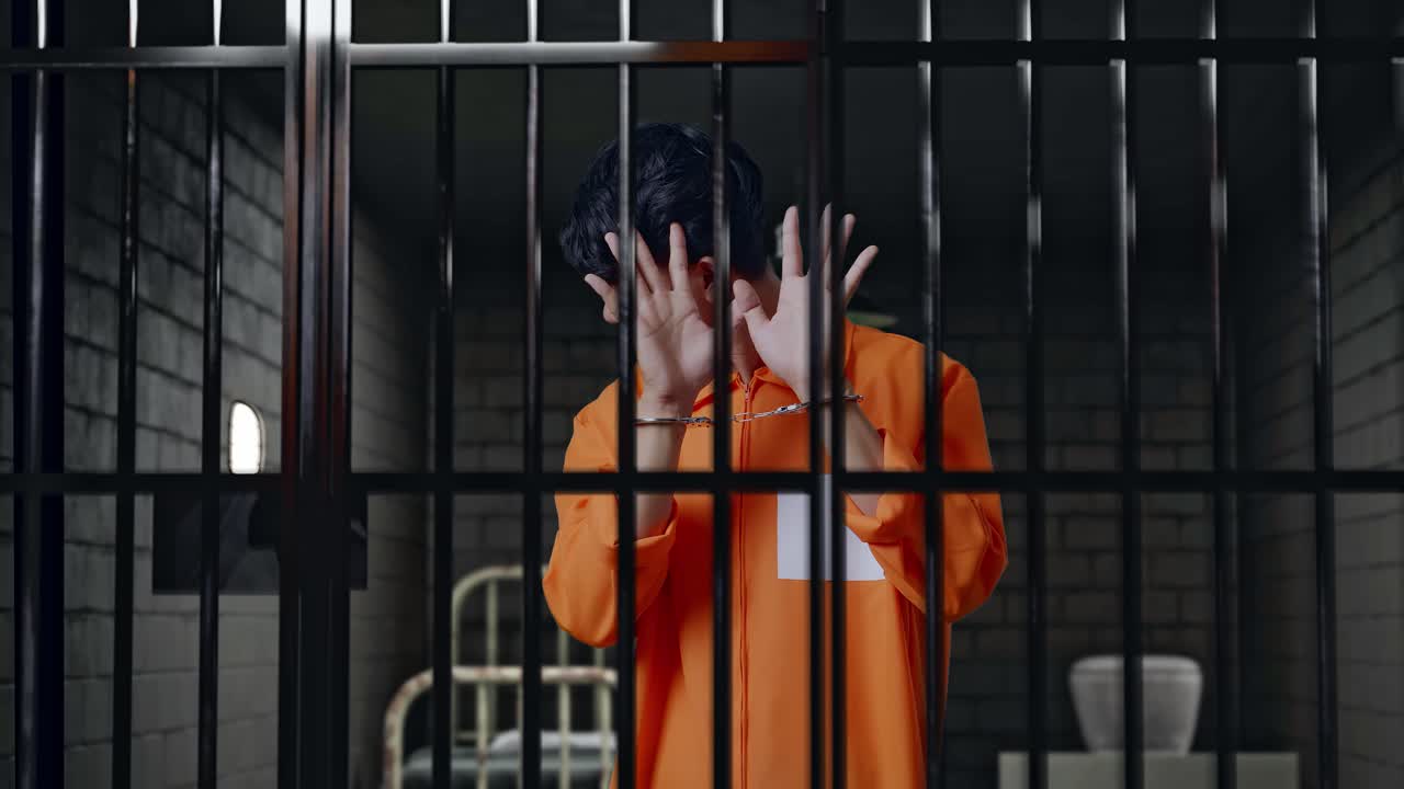 prisionero masculino asiático con esposas de pie en la cárcel, mostrando el signo de la palma la expresión de no ser querido para ser capturado por la cámara