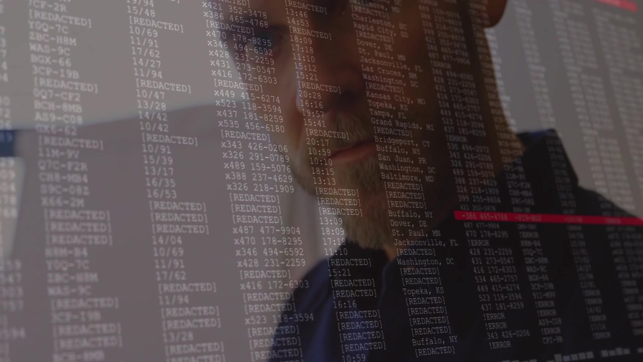 Vertical video: Man tapping tablet activating code reflection, red lines marking rows tech analysis