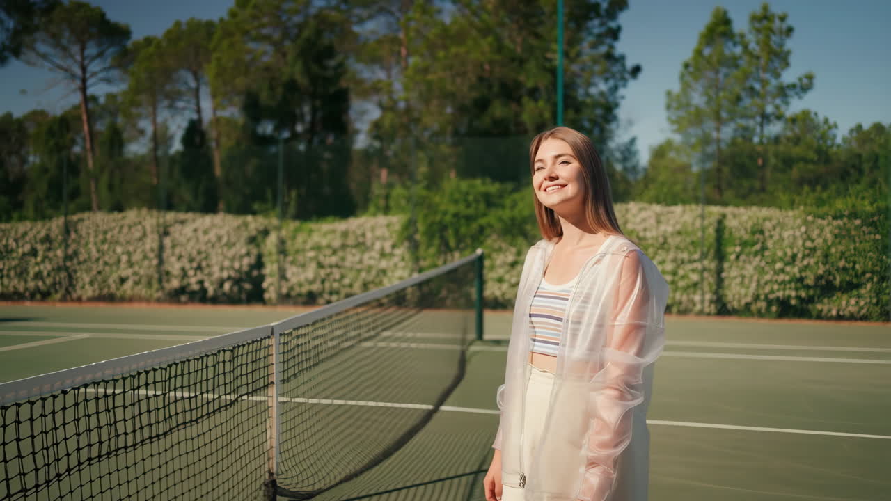 A young woman enjoying the sun on a tennis court