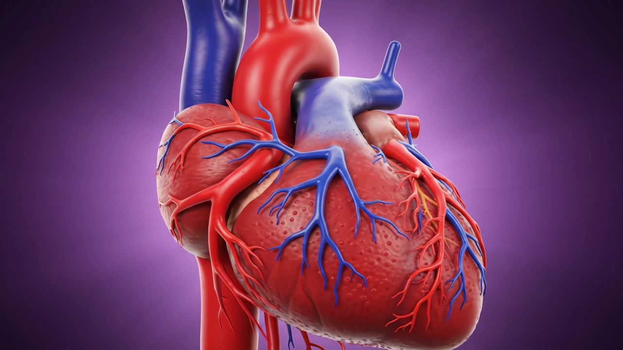Rappresentazione anatomica dettagliata del cuore umano, che mostra la sua struttura e le connessioni vascolari a colori vivaci su uno sfondo viola.